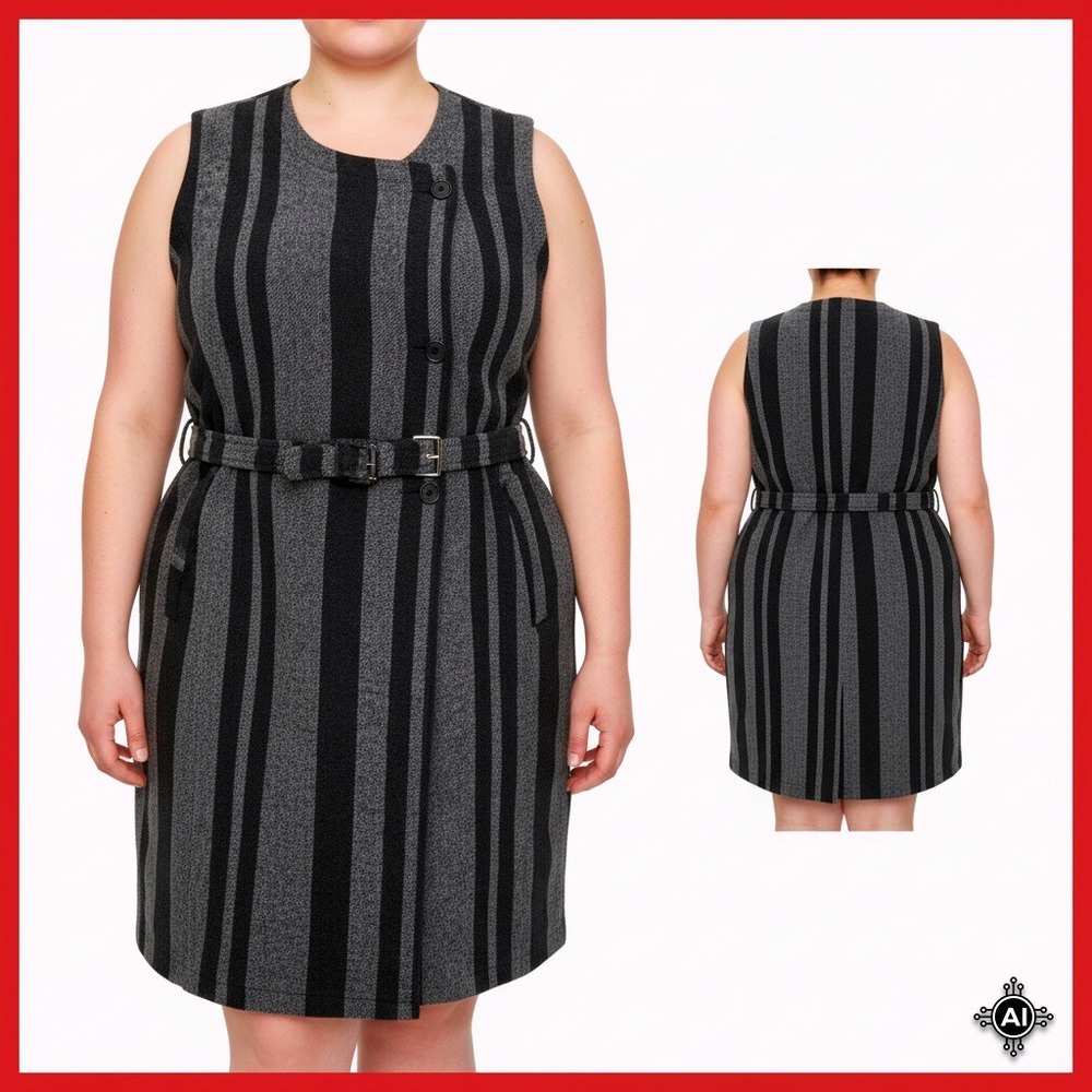 Simply Vera‎ Wang Dress Vest Striped Sleeveless Belted XXL Gray Black Work